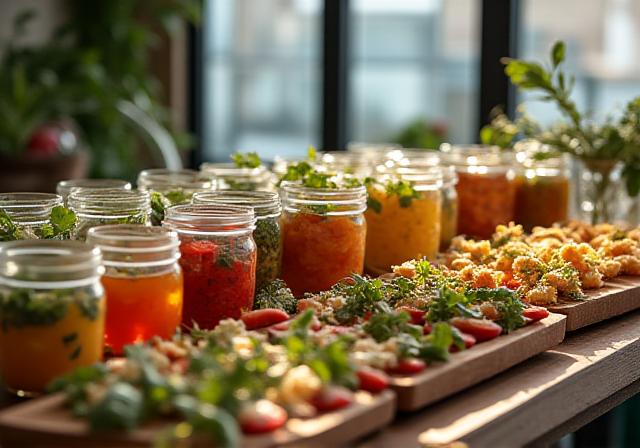 Nachhaltig dekorierter Buffet-Tisch mit saisonalen Zutaten